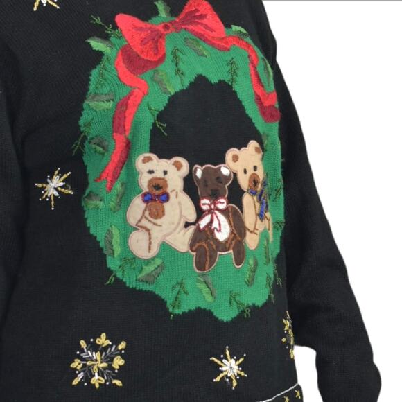 Ugly Christmas Sweater Vintage Teddy Bear Wreath Embroidery Knit Holiday Size XL - Picture 4 of 16